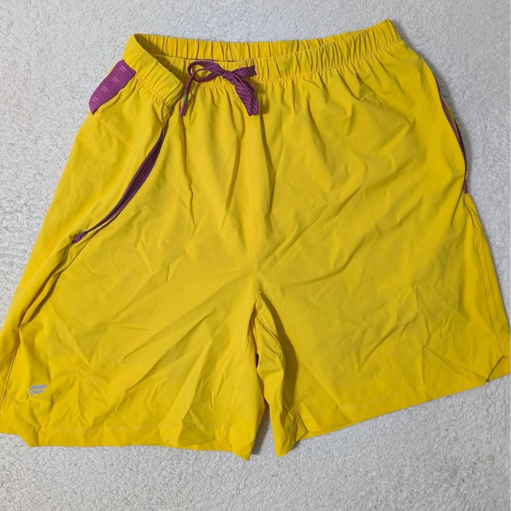 Fabletics Shorts Mens Yellow‎ Purple 2-in-1 Lined Athletic Stretch 33/7